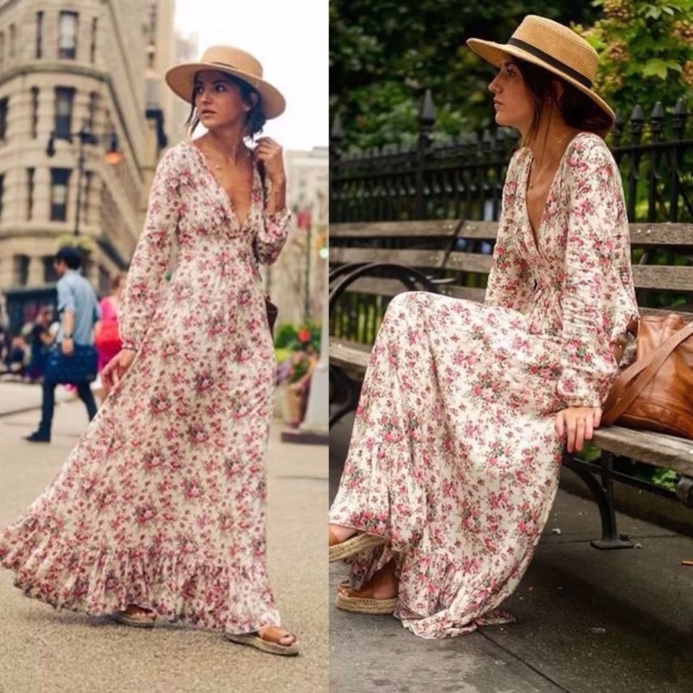 Flowing Blooms Boho Maxi Dress W/Slim Full Skirt, Floral Maxi Dress, Long Sleeve - Picture 5 of 11